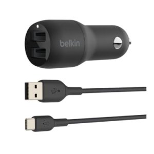 Belkin cargador de pared USB doble de 24 W Boost Charge + cable USB-A a USB-C (adaptador dual USB-A para Pixel, iPad Pro, Nintendo Switch y dispositivos de Samsung entre otros)