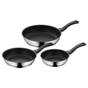 WMF Devil – Juego de 3 Sartenes Antiadherentes 20-24-28 cm, Sartén de Acero Inoxidable y Revestimiento Antiadherente para Todo Tipo de Cocinas Incluido Inducción, Color Negro