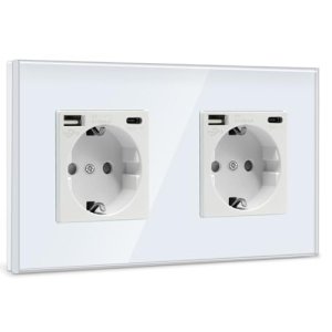 BSEED Doble Enchufe de Pared USB(Max. 2.1A) con Tipo C Port,Blanco Schuko Enchufe,Toma de Corriente con 2 x Cargadores USB y Tipo C Adecuado para Smartphone MP3 Tablet,para Cocina,Dormitorio
