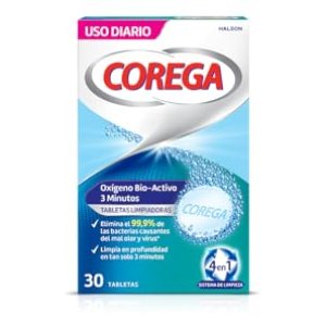 Corega Oxígeno Bio-Activo, Tabletas Limpiadoras Para Prótesis Dentales, Limpieza en Profundidad en 3 Minutos, 30 Tabletas