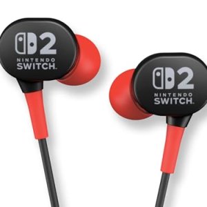 Power A Auriculares con Cable Nintendo Switch 2 – Negro, con Licencia Oficial, transductores de 8 mm, diseño intraauricular, 3 Almohadillas, Incluye Bolsa de Almacenamiento