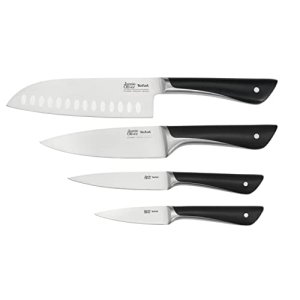 Tefal Jamie Oliver – Juego de 4 Cuchillos: Santoku 16,5 cm, Chef 15 cm, Universal 12 cm y Pelador 9 cm, Acero Inoxidable, Endurecidos con Hielo -120°C, Corte Preciso, Mango Robusto, Diseño Duradero
