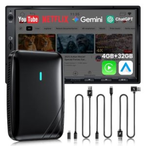 Adaptador CarPlay Inalámbrico Android Auto, AI Box CarPlay Video 3 en 1 para Cable OEM CP/AA, 4G+32G, Doble WiFi y Concentrador Bluetooth IoT, para Netflix/Youtube/TikTok, DriveChat AI Voice, CB4B