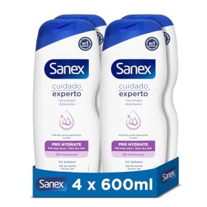 Sanex Cuidado Experto Pro Hydrate Gel de Ducha, Pack 4 Uds x 600ml, Fórmula con Prebiótico Natural, Hidrata Profundamente la Piel, 12H Hidratación, 0% Sulfatos, para Piel Muy Seca