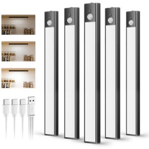 daphomeu 5 Pack Luces led Cocina Recargables,Luz Armario Sensor Movimiento Atenuable tipo C carga,Luz Sensor Movimiento Interior, Lampara Led para estantería, armario de escaleras