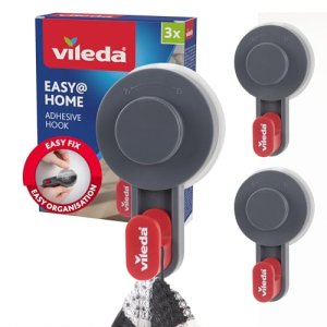 Vileda Juego de 3 ganchos adhesivos – Ganchos autoadhesivos y fuertes hasta 3 kg – Gancho de pared versátil autoadhesivo para baño, cocina y hogar – Fácil instalación sin taladrar