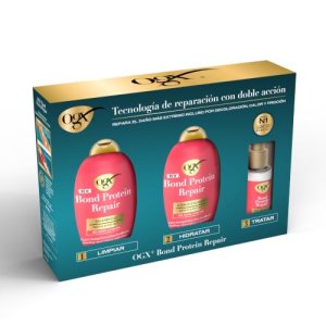 OGX Bond Protein Repair Rutina con Champú OGX (385ml), Acondicionador (385ml) y Sérum Pelo(50ml), Tratamiento Hidratante Cabello para Pelo Seco y Dañado, Refuerza la Fibra Capilar, Sin Sulfatos