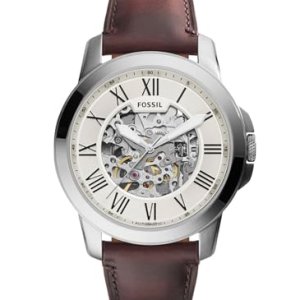 Fossil Reloj para hombre Grant, movimiento automático, caja de acero plateado de 45mm con correa de piel, ME3099
