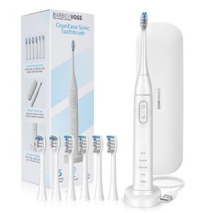 BarberBoss Cepillo dientes eléctrico, 5 modos × 3 intensidades, sensor de presión, temporizador de 2 minutos, 6 cabezales cepillo (4 estándar, 2 mini), estuche de viaje, cepillo dientes, QR-7301