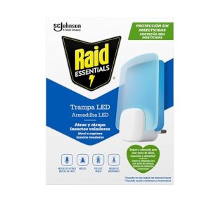 Raid Essentials Trampa LED Antimoscas, Antimoscas de Fruta y Antipolillas, Sin Insecticida, Seguro para Toda la Familia, Inodoro y Sin Residuos, Uso Interior, 1 Aparato y 1 Recambio.