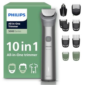 Philips Recortadora todo en uno de 10 en 1 Serie 5000 – Afeitadora y cortapelos hombre para rostro, cabeza y cuerpo, cuchillas de acero autoafilables, 11 longitudes (0,5-16 mm), recargable, MG5918/15