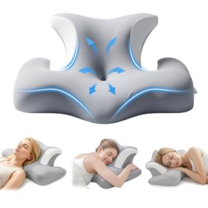 COSYLAND Almohada Cervicales y Cuello – Ergonómica para Dormir de Lado, Boca Arriba o Abajo, Espuma Viscoelástica, Diseño con Espacio para Orejas y Brazos, Funda Transpirable, 64×48×24 cm, Gris