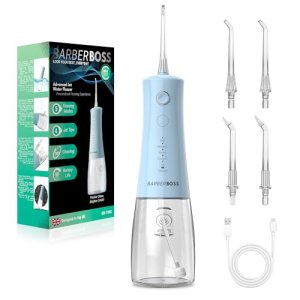 BarberBoss Irrigador Bucal, hilo dental eléctrico inalámbrico, 5 modos de presión, resistente al agua IPX8, irrigador bucal portátil para el cuidado de las encías (Azul Pastel)