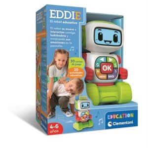 Clementoni – Eddie Robot Educativo – 30 Tarjetas Doble Cara + 20 Actividades Educativas (Letras, números, emociones, Instrumentos, Formas) con Pantalla LCD – Niños de 4 a 6años – 55617