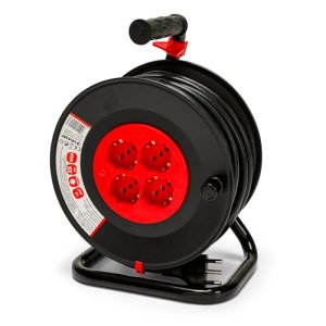 VELAMP REEL-IT-25 – Alargador eléctrico con enrollacables 25 m – 4 tomas polivalentes (Schuko + 10/16 A) – Enchufe grande 16 A – Interruptor de protección – Cable eléctrico multipolar 3G sección 1,5