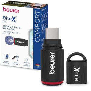 Beurer BiteX Go Deep Black Aparato contra picaduras de insectos para smartphone, tratamiento de mordeduras y picaduras, alivia el picor, para móvil Android y iPhone (USB‑C), con luz