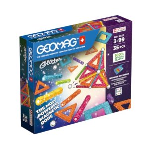 Geomag, Glitter Recycled, Construcciones Magnéticas Efecto Glitter, Barras Magnéticas Luminosas de Colores, Paquete de 35 Piezas, Plástico 100% Reciclado