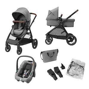 Maxi-Cosi Zelia S Trio Cochecito Bebe 3 Piezas, 0 – 4 Años, hasta 22 kg, Plegable, Compacto y Reclinable Silla de Paseo, con CabrioFix S i-Size Silla Coche Bebe, Accesorios, Bolso Cambiador, Gris