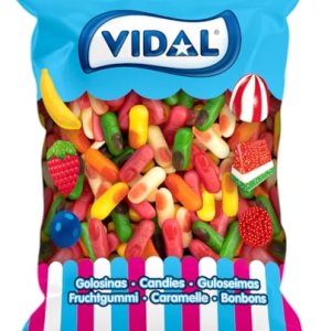 Vidal Golosinas. Mini Dedos sabor frambuesa. Colores surtidos: blanco, amarillo, naranja, verde y rosa. Bolsa de 1 kg.