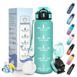 Mulbijeo Botella Agua 500 ml, Reutilizable,Prueba de Fugas, Botella Agua Gimnasio, Marcador de Tiempo Deportiva Turquesa