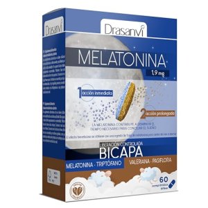 DRASANVI Melatonina Bicapa de 1,9 mg con Triptófano, Pasiflora y Valeriana | Doble Acción |Contribuye a Conciliar el Sueño de manera rápida y a una Relajación Natural | Envase 60 comp. = 60 Días