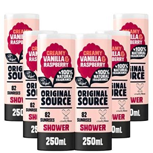 Original Source Gel de ducha Vainilla y Frambuesa, fragancia 100% natural, vegano, sin pruebas en animales, sin parabenos, pack grande con 6 x 250 ml