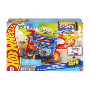 Hot Wheels City “Let’s Race – ¡a correr!” Netflix -Túnel de lavado con giros Pista para coches de juguete, incluye 1 vehículo color shifter, +4 años (Mattel HTN80)