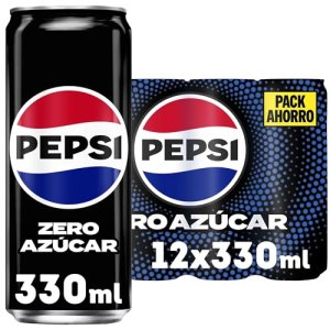Pepsi zero Refresco de cola con cero azúcar y cero calorías, pack de 12 latas de 330 ml, 3.96 litros en total