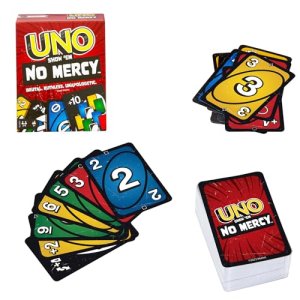 Mattel Games Juego de cartas UNO No Mercy Juego de mesa familiar con cartas nuevas, reglas especiales y penalizaciones más despiadadas, +7 años (HWV18)