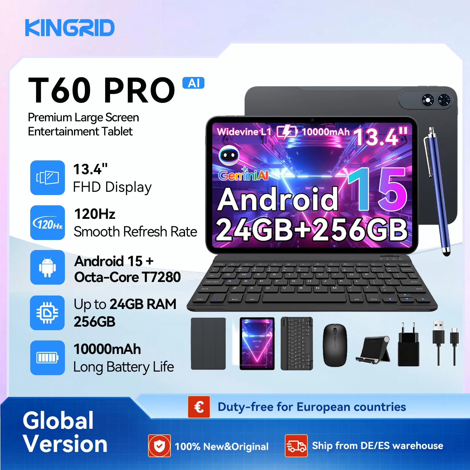 Tablet PC KINGRID T60 PRO con Android 15 y Teclado - 13.4', 24GB + 256GB (2TB TF), 10000mAh, 16MP+8MP, con Ratón Bluetooth, Teclado, Tablet Android