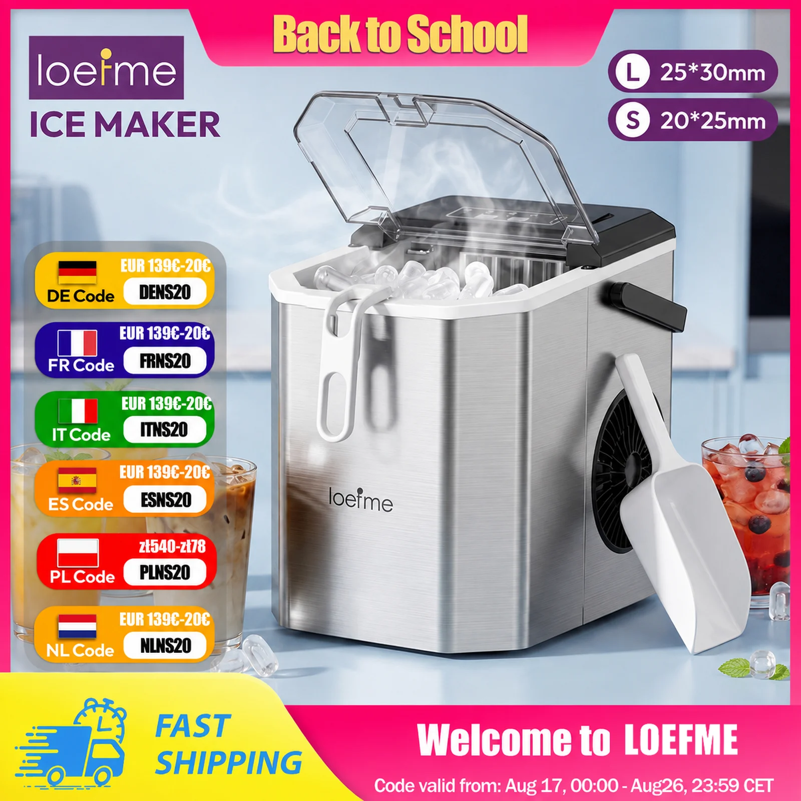 Máquina de Hielo Portátil LOEFME, 12 kg/24 h, 9 Cubos en 6 Minutos, Autolimpieza, 2 Tamaños de Hielo, con Asa