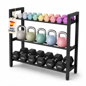 Soporte para Mancuernas 3 Niveles 180 kg, Rack de Pesas Ajustable 7-17 cm para Gimnasio en Casa, Estanteria Organizadora de Acero para Mancuernas Kettlebells y Discos, Montaje en 15 Minutos, 80x80x25 cm, Negro