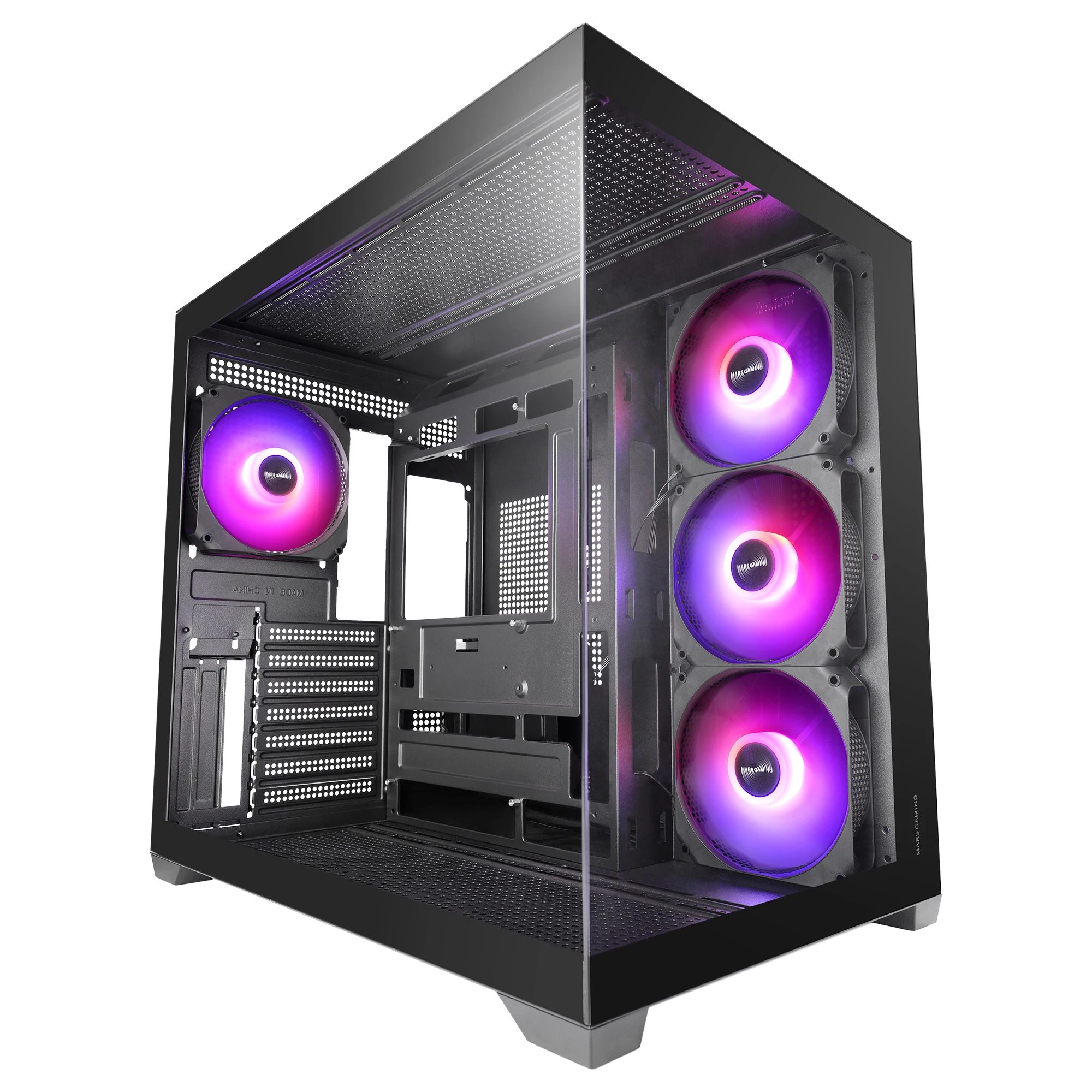 Mars Gaming MCV5, Caja PC ATX, Cristal Templado Panorámico, 4x Ventiladores ARGB 120mm, 7 Slots PCI Horizontales + 2 Slots PCI Verticales, Compatible con Placas Base de Conector Inverso, USB-C, Negro o Blanco