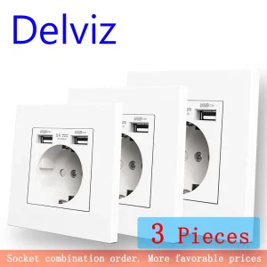 Delviz-toma de corriente de pared estándar de la UE, enchufe de pared de 86MM con doble salida de carga USB, CA 110-250V, sin logotipo cuadrado, con puertos USB 2A