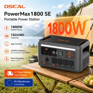 Estación de Energía Portátil OSCAL PowerMax1800SE 1800W Pico 2400W 1024Wh LiFePO4 Generador Solar UPS 700W Carga Rápida Control por APP 5 Modos LED para Emergencias en el Hogar, Camping, RV, Uso Fuera de Red, Viajes al Aire Libre