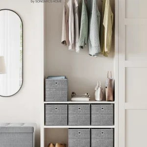 SONGMICS Cajas de Almacenamiento, Juego de 6 Cajas de Tela No Tejida con Asa, 26 x 26 x 28 cm, Unidad de Almacenamiento, para Estantes, Plegable, Almacenamiento de Ropa, Gris Jaspeado