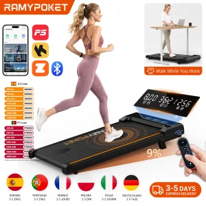 RAMYPOKET Caminadora Electrica Para Casa con Inclinación 9%,1-8km/h, Control Mediante Aplicación y Pantalla LED de Tres Ventanas, 2.5HP,  Máxima120kg, Cinta de Correr Bajo Escritorio