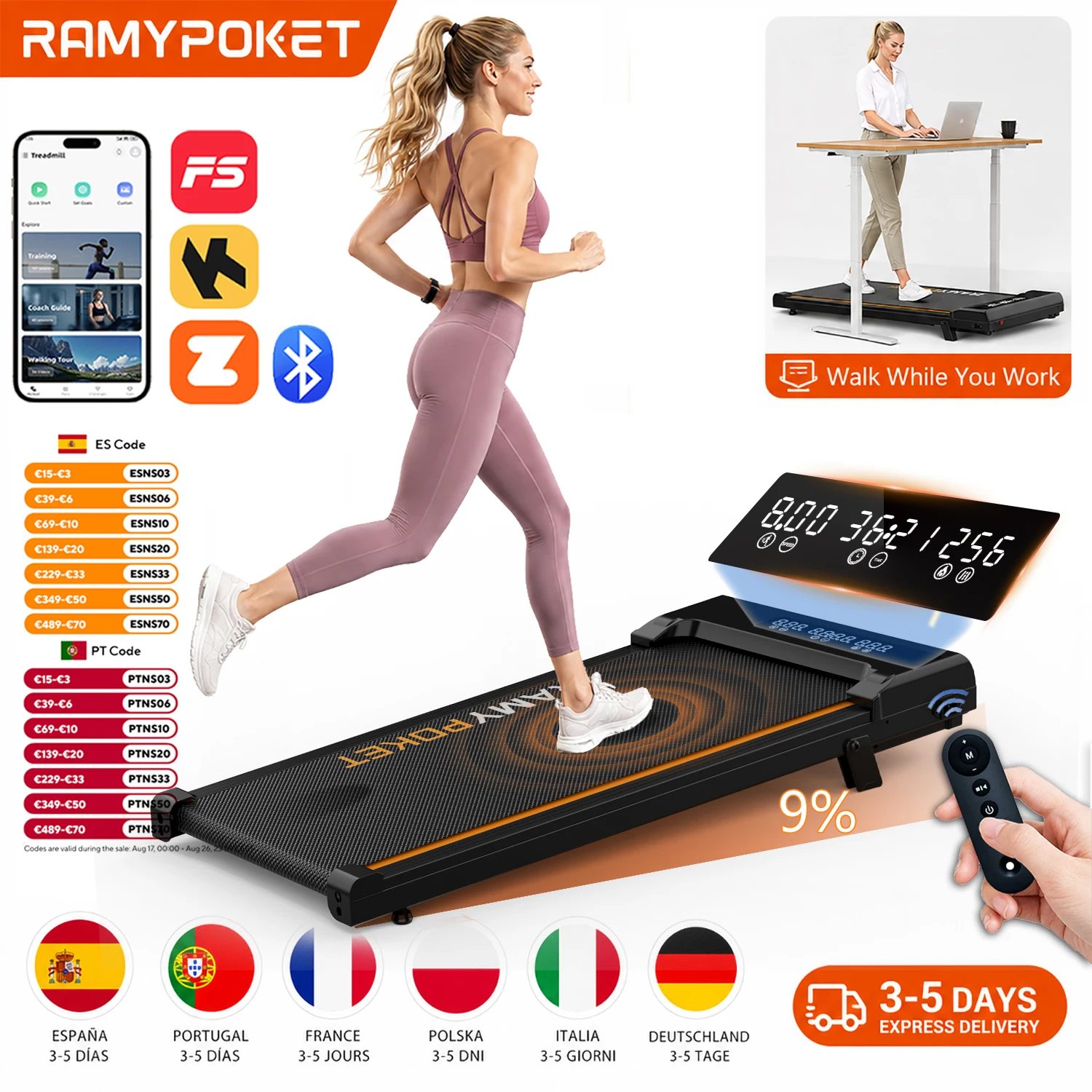 RAMYPOKET Caminadora Electrica Para Casa con Inclinación 9%,1-8km/h, Control Mediante Aplicación y Pantalla LED de Tres Ventanas, 2.5HP, Máxima120kg, Cinta de Correr Bajo Escritorio