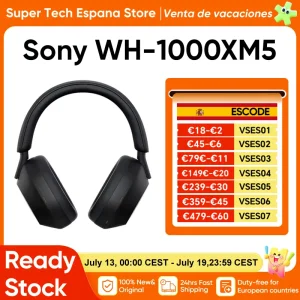 Sony-auriculares inalámbricos WH-1000XM5, audífonos con cancelación de ruido, batería de 30 horas, ajuste suave, procesador integrado de cuero V1 4, micrófonos negros