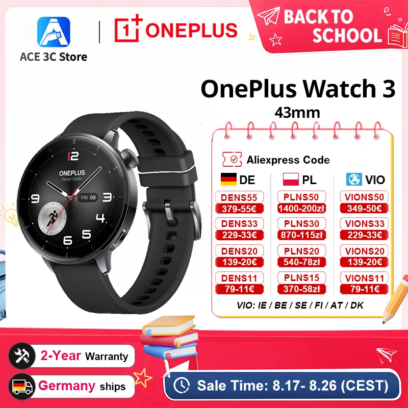 Versión global OnePlus Watch 3 43 mm Smartwatch Pantalla AMOLED de 1,32 pulgadas Fino a 60 horas de duración de la batería Sistema operativo de Google GPS NFC