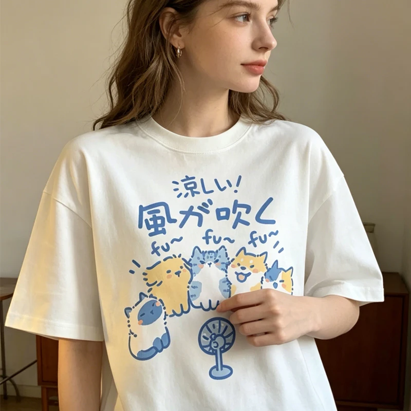 Camiseta holgada gato ventilador verano