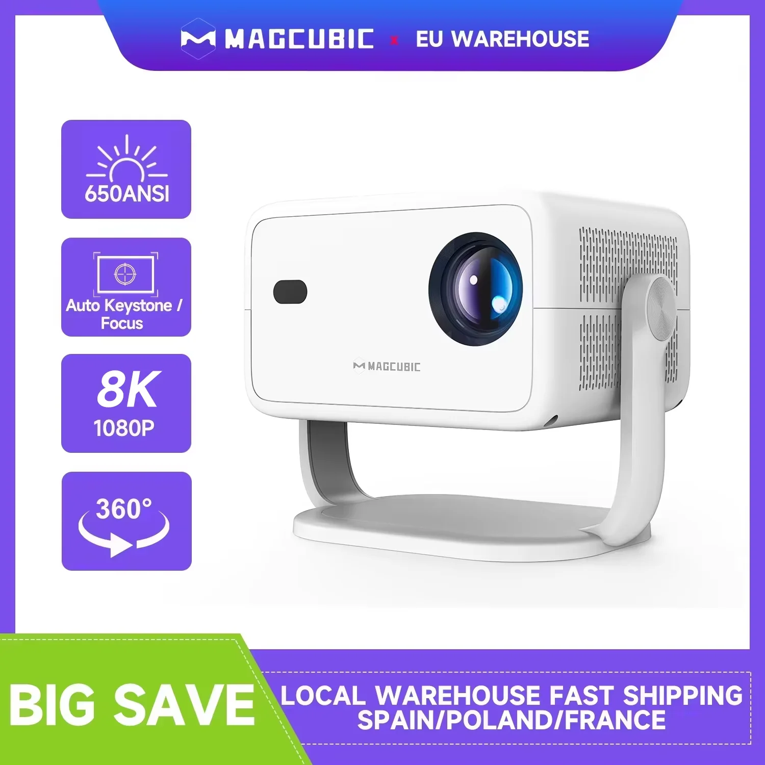 Magcubic 650ANSI L018 8K Proyector doméstico Nativo 1080P Android 14 WiFi6 BT 5.4 Proyector de películas portátil con 360 ° Corrección