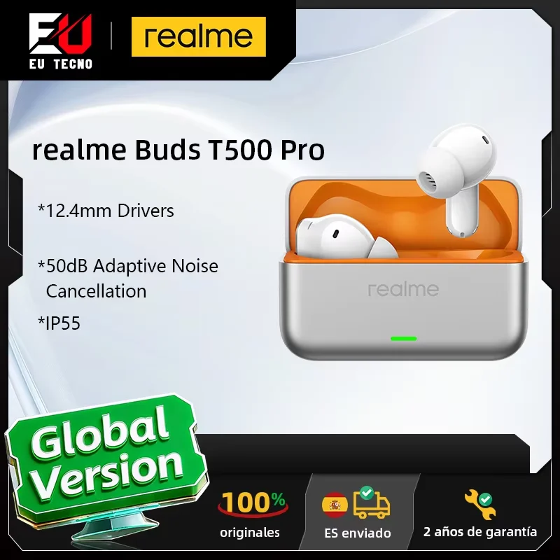 Versión global de los auriculares realme Buds T500 Pro: cancelación de ruido adaptativa de 50 dB, transductores de audio de alta resolución de 12,4 mm y diseño compacto «Candy Box»