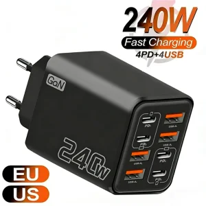 Cargador USB C GaN de 240W, 8 en 1, adaptador de corriente de carga rápida para iPhone, Samsung, Xiaomi, tipo C, enchufe europeo/estadounidense, cargador de pared