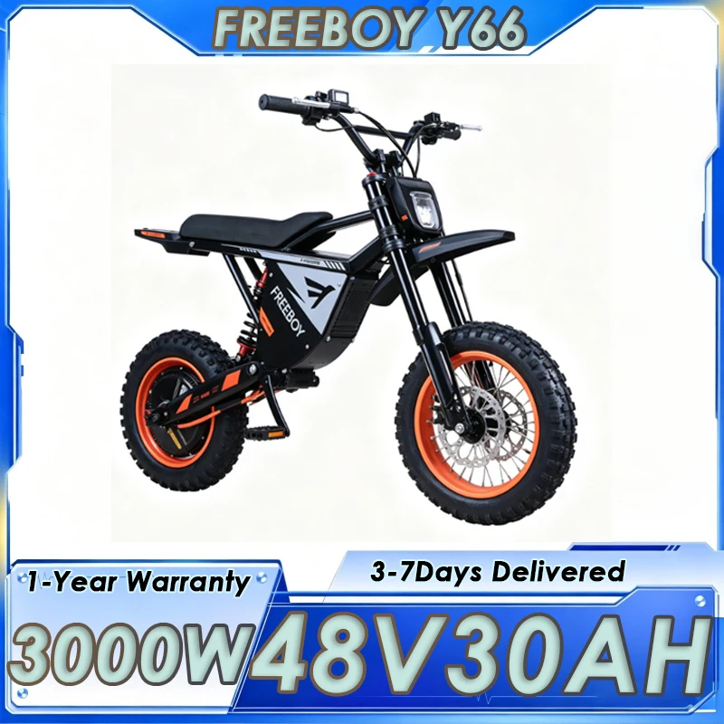 FREEBOY Y66 E Moto, Motocicleta Eléctrica Todoterreno de Montaña con Motor Potente de 3000W, Batería de 48V30AH, Freno Hidráulico