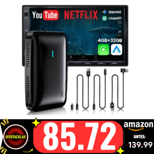 Adaptador CarPlay Inalámbrico Android Auto, AI Box CarPlay Video 3 en 1 para Cable OEM CP/AA, 4G+32G, Doble WiFi y Concentrador Bluetooth IoT, para Netflix/Youtube/TikTok, DriveChat AI Voice, CB4B