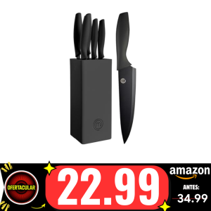 MasterChef Juego de Cuchillos de Cocina con Soporte Taco Universal con Set para Pan, Cebollero, Chef, Carne y Pelar, en Acero Inoxidable, 5 Piezas, Negro, Stainless Steel, Negro, Tacto Suave