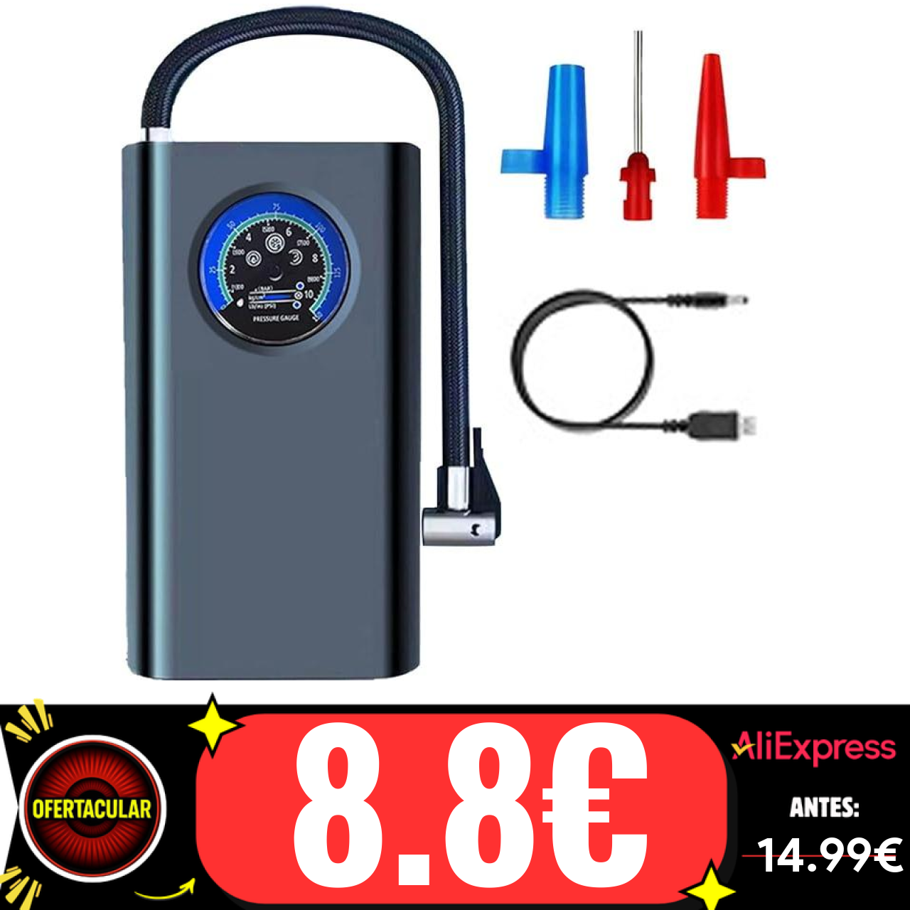 Inflador de ruedas, compresor electrico de aire para coche, inflador de neumaticos portatil para coches, bicicletas, globos, colchones, etc. MDHL
