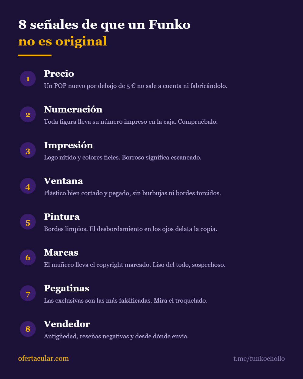 Resumen visual de las ocho señales para detectar un Funko POP falso